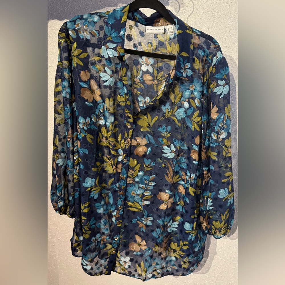 Susan Graver Floral Sheer Blouse - Blue and Green Size 3X P